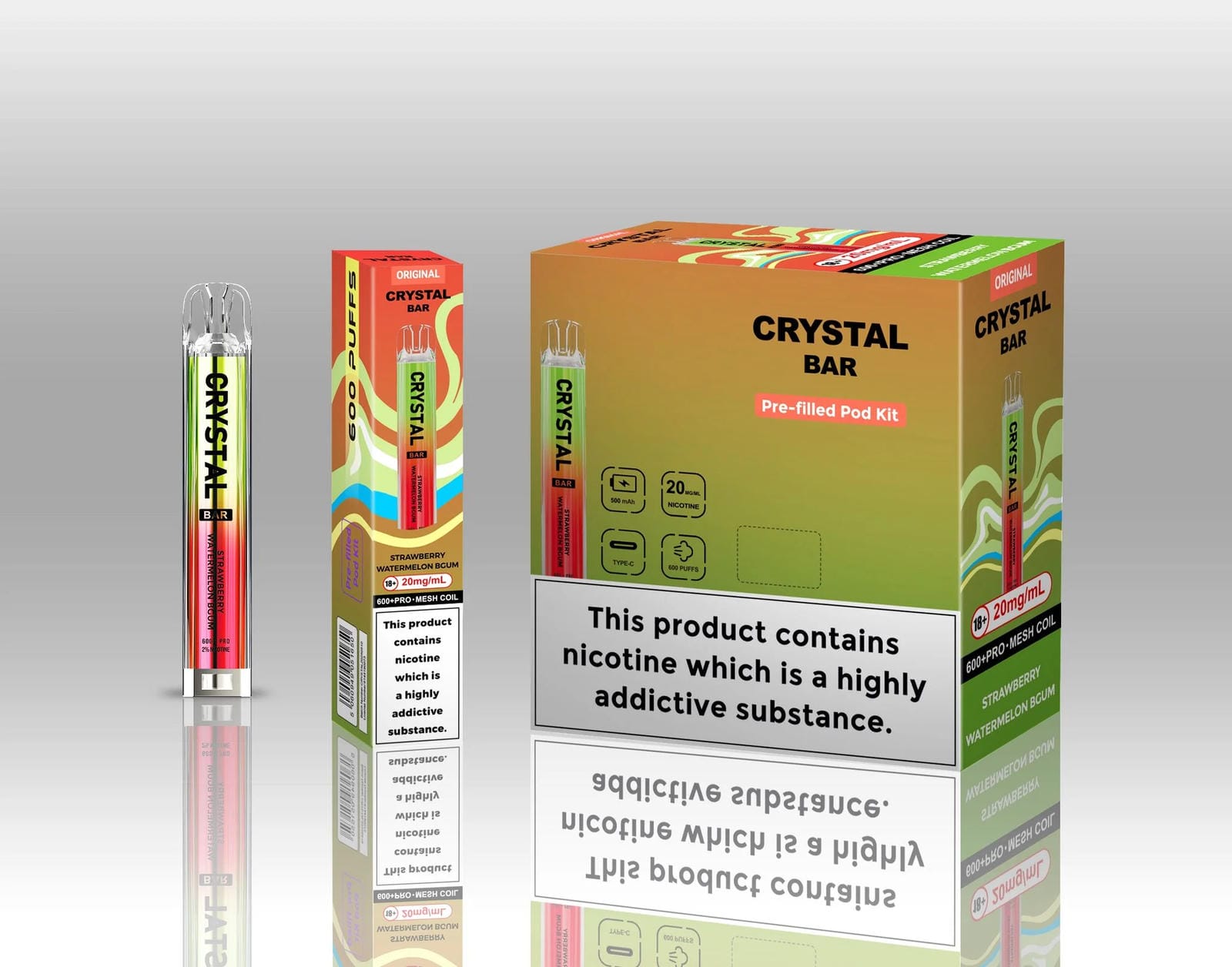 Crystal Bar Original 600 Prefilled Pod Kit Pack of 10, Strawberry Watermelon Flavour
