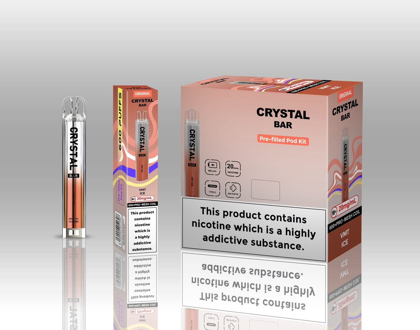 Crystal Bar Original 600 Prefilled Pod Kit Pack of 10, Vmt Ice Flavour