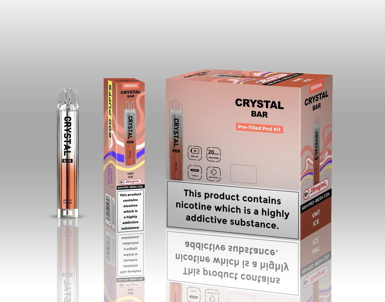 Crystal Bar Original 600 Prefilled Pod Kit Pack of 10, Vmt Ice Flavour