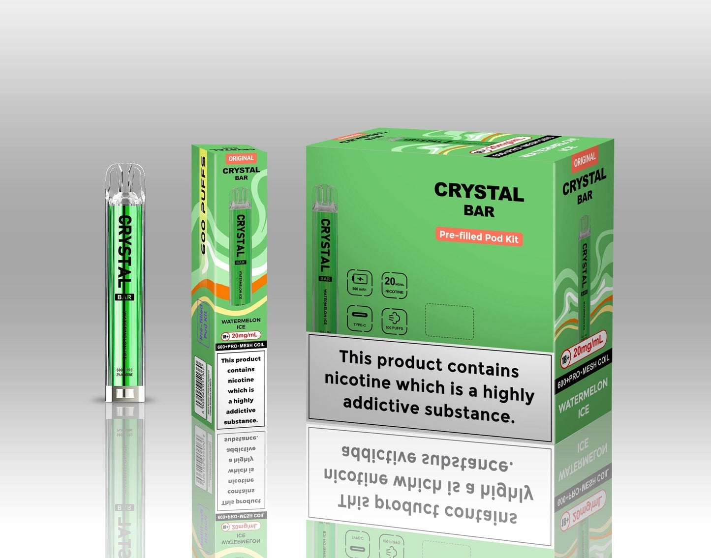Crystal Bar Original 600 Prefilled Pod Kit Pack of 10, Watermelon Ice Flavour