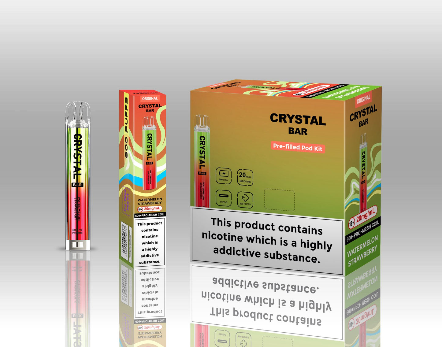 Crystal Bar Original 600 Prefilled Pod Kit Pack of 10, Watermelon Strawberry Flavour