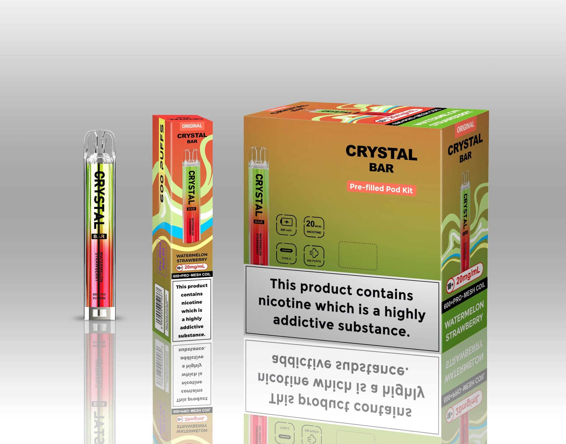 Crystal Bar Original 600 Prefilled Pod Kit Pack of 10, Watermelon Strawberry Flavour