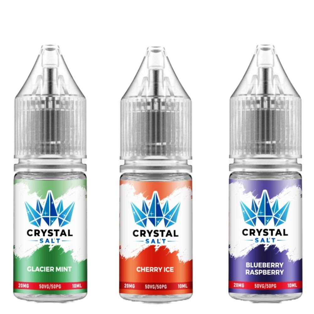 Crystal Nic Salt 10ml Pack of 5, Glacier Mint, Cherry Ice, Blueberry Raspberry Flavour
