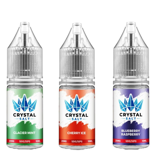 Crystal Nic Salt 10ml Pack of 5, Glacier Mint, Cherry Ice, Blueberry Raspberry Flavour