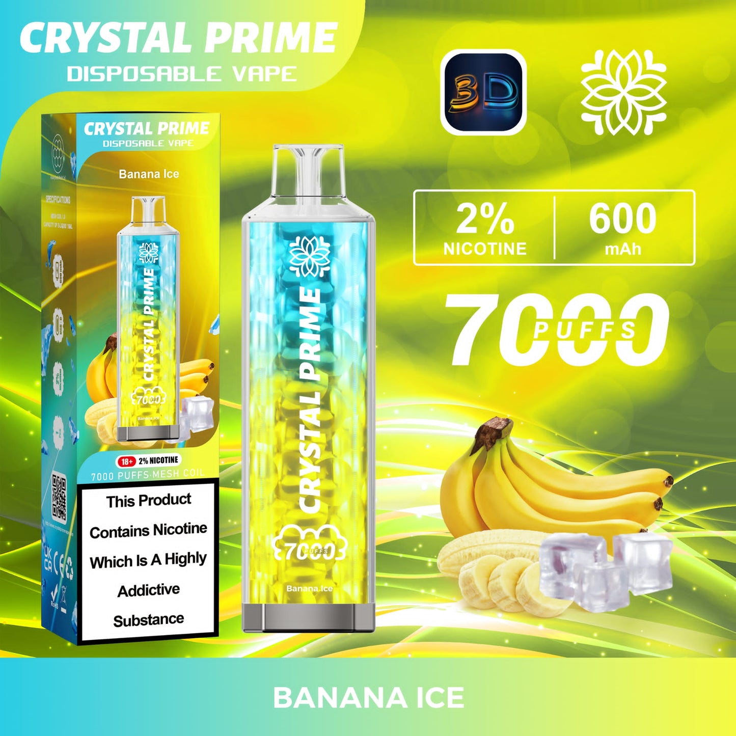 Crystal Prime 7000 Puff Disposable Vape Box of 10 - Flavour Banana Ice