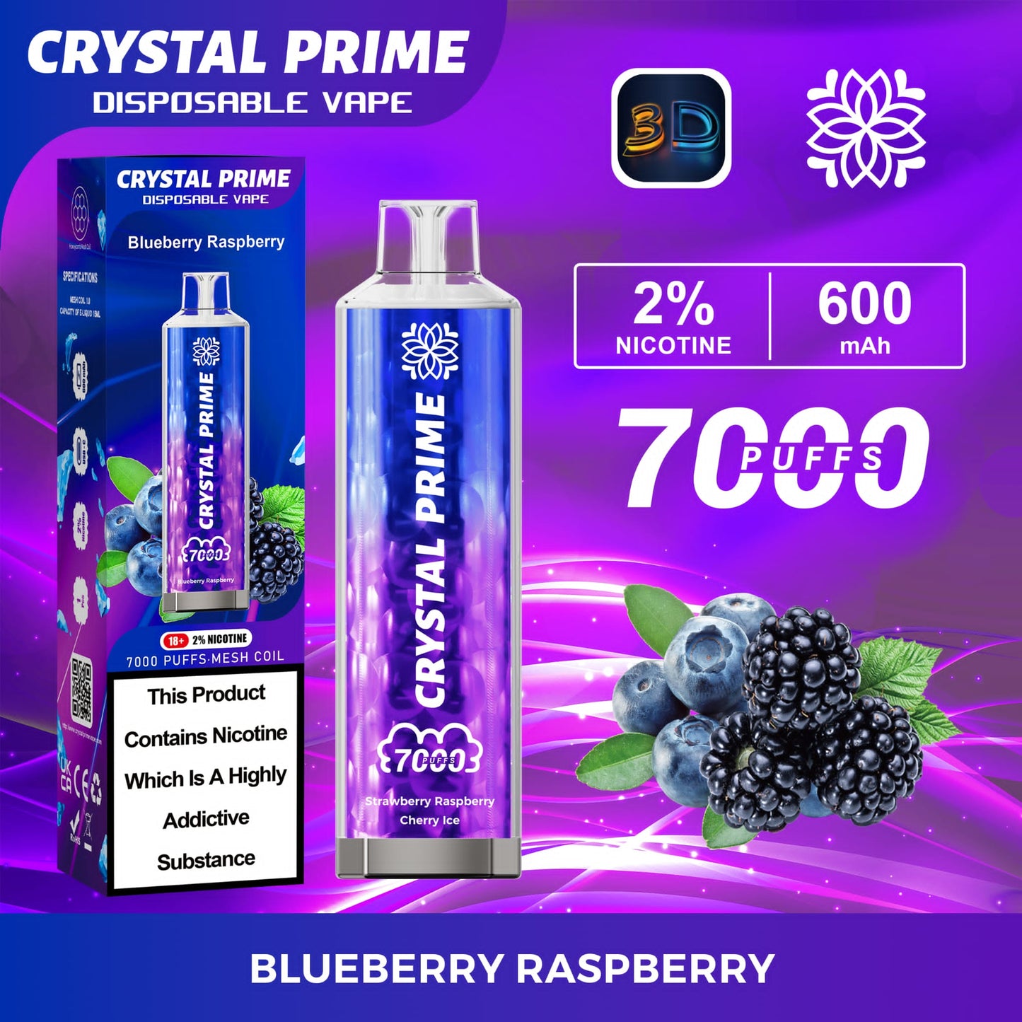 Crystal Prime 7000 Puff Disposable Vape Box of 10 - Flavour Blue Berry Raspeberry