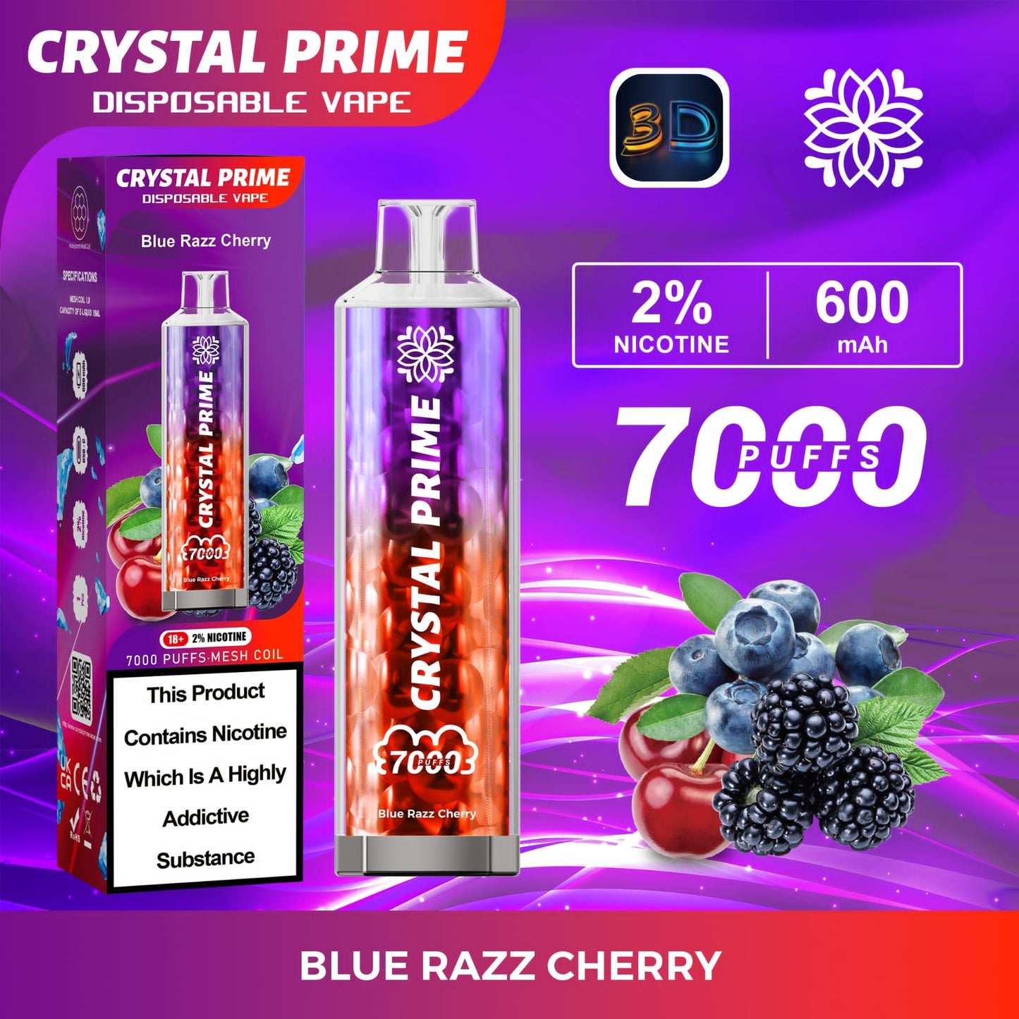Crystal Prime 7000 Puff Disposable Vape Box of 10 - Flavour Blue Razz Cherry