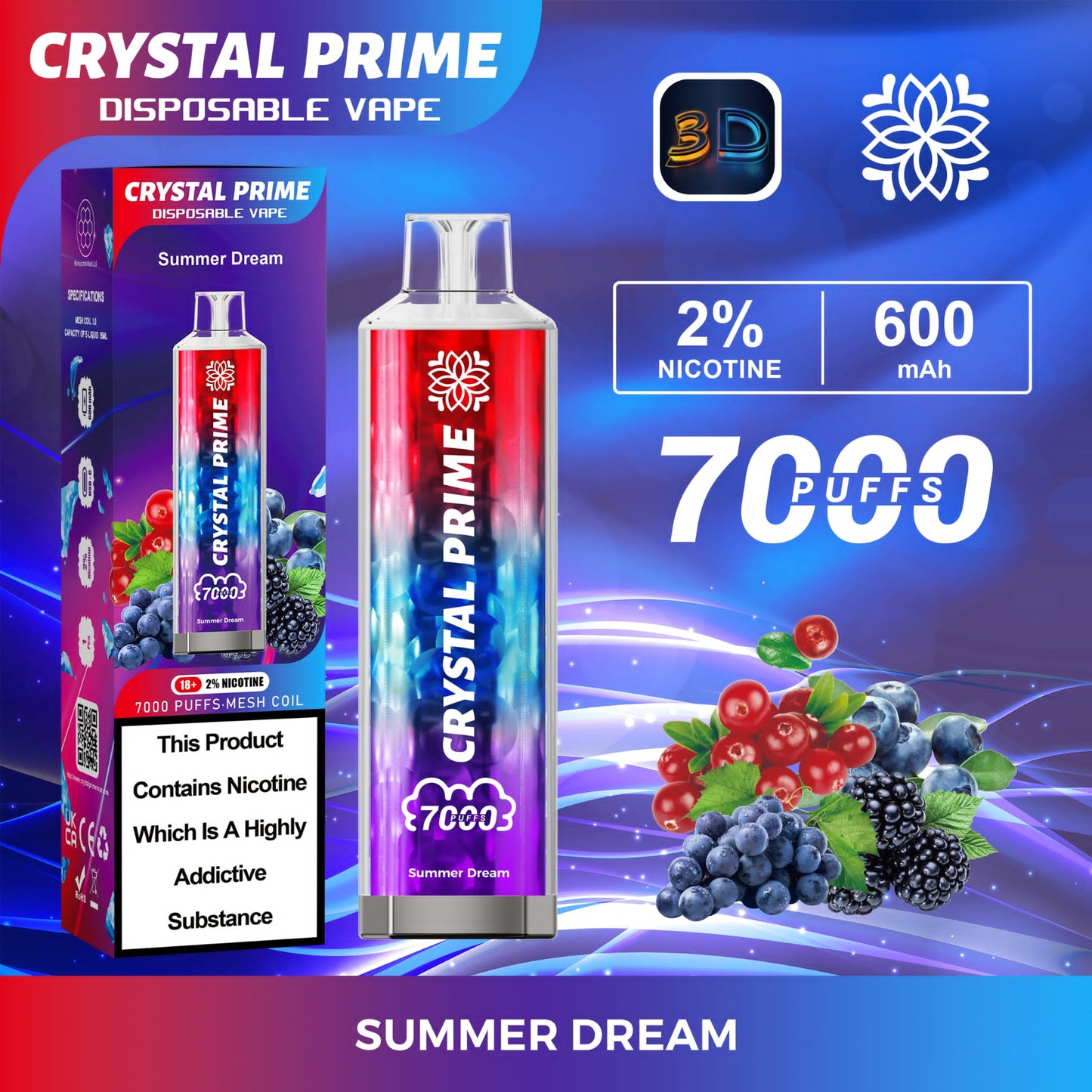 Crystal Prime 7000 Puff Disposable Vape Box of 10 - Flavour Summer Dream