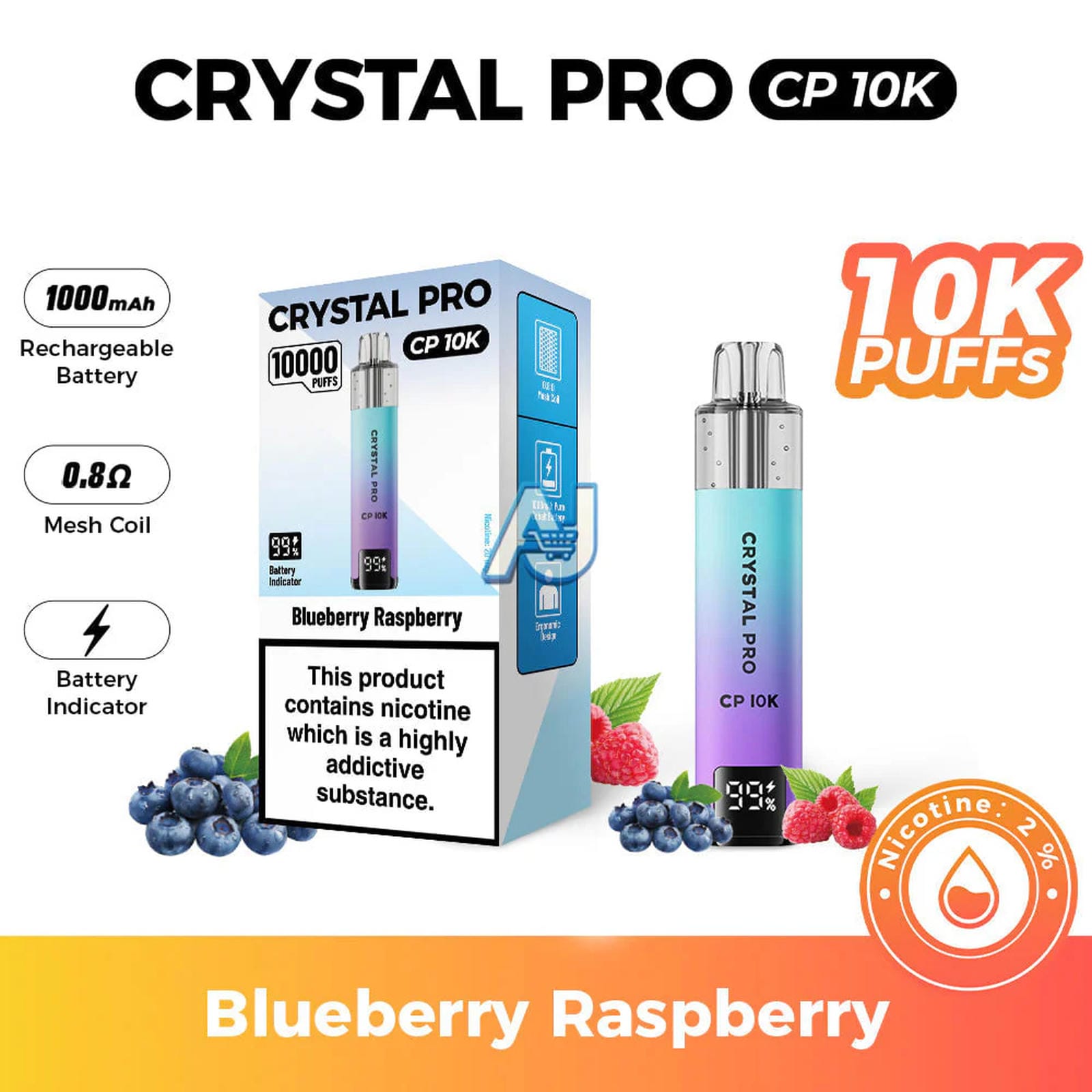 Crystal Pro CP 10K Puffs, Blueberry Raspberry Flavor