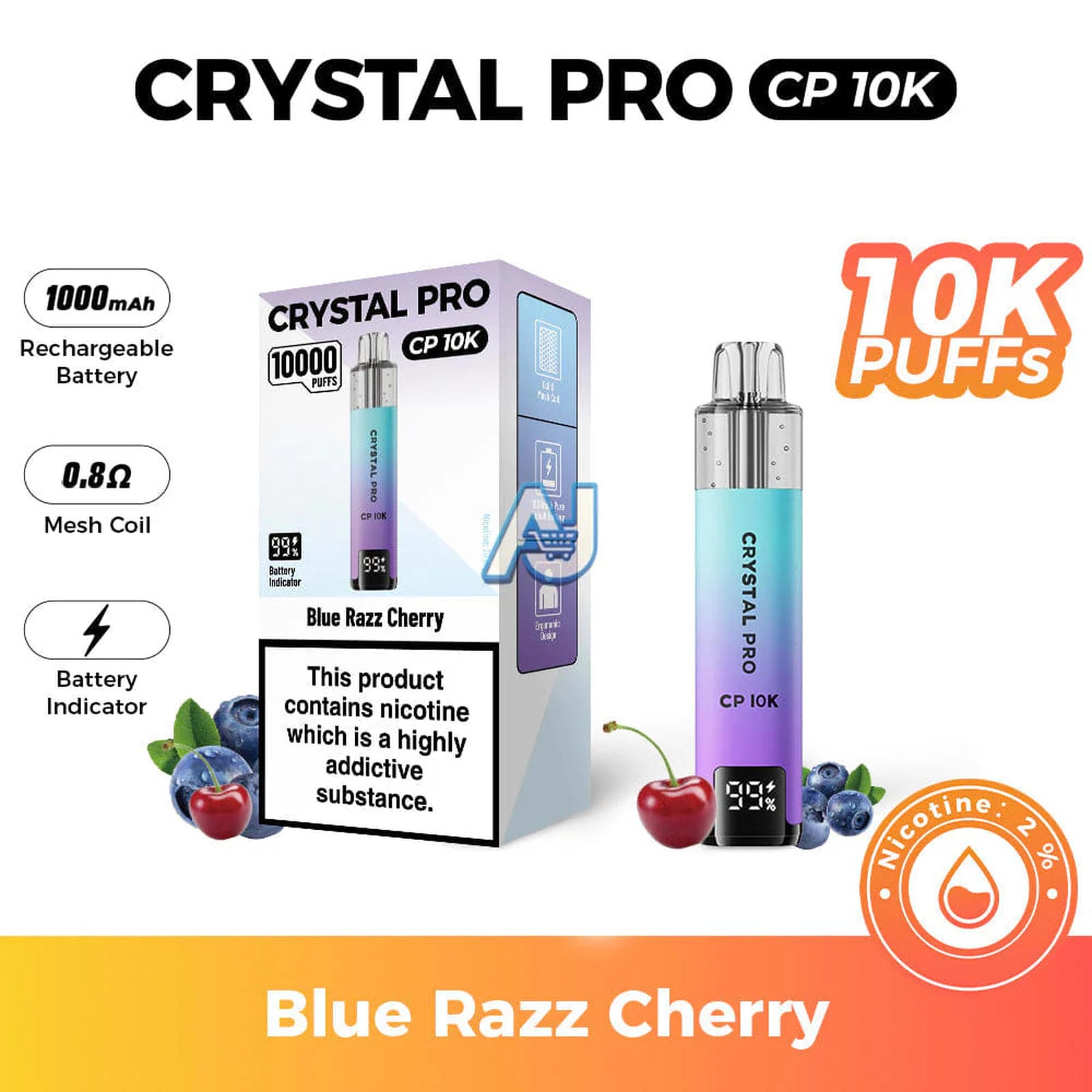 Crystal Pro CP 10K Puffs, Blue Razz Cherry Flavor