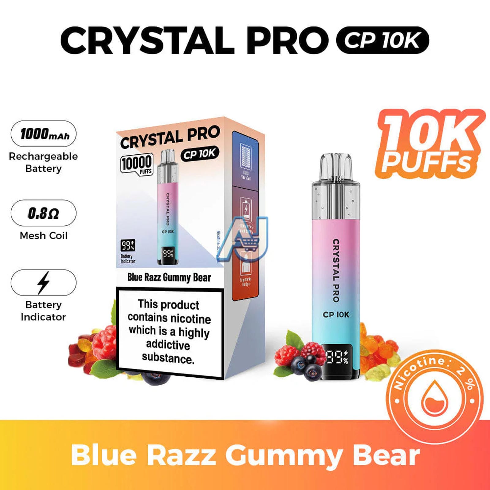 Crystal Pro CP 10K Puffs, Blue Razz Gummy Bear Flavor