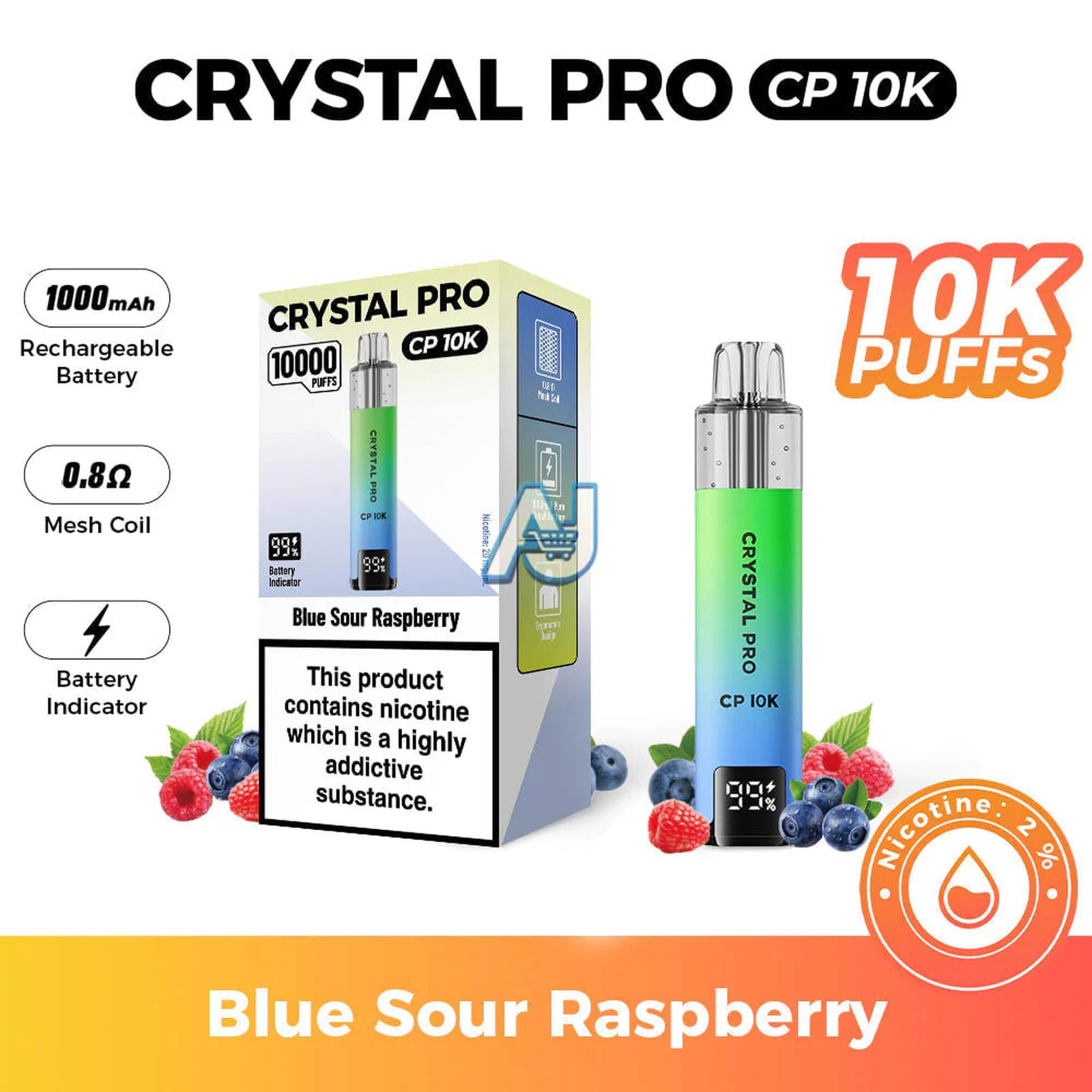Crystal Pro CP 10K Puffs, Blue Sour Raspberry Flavor