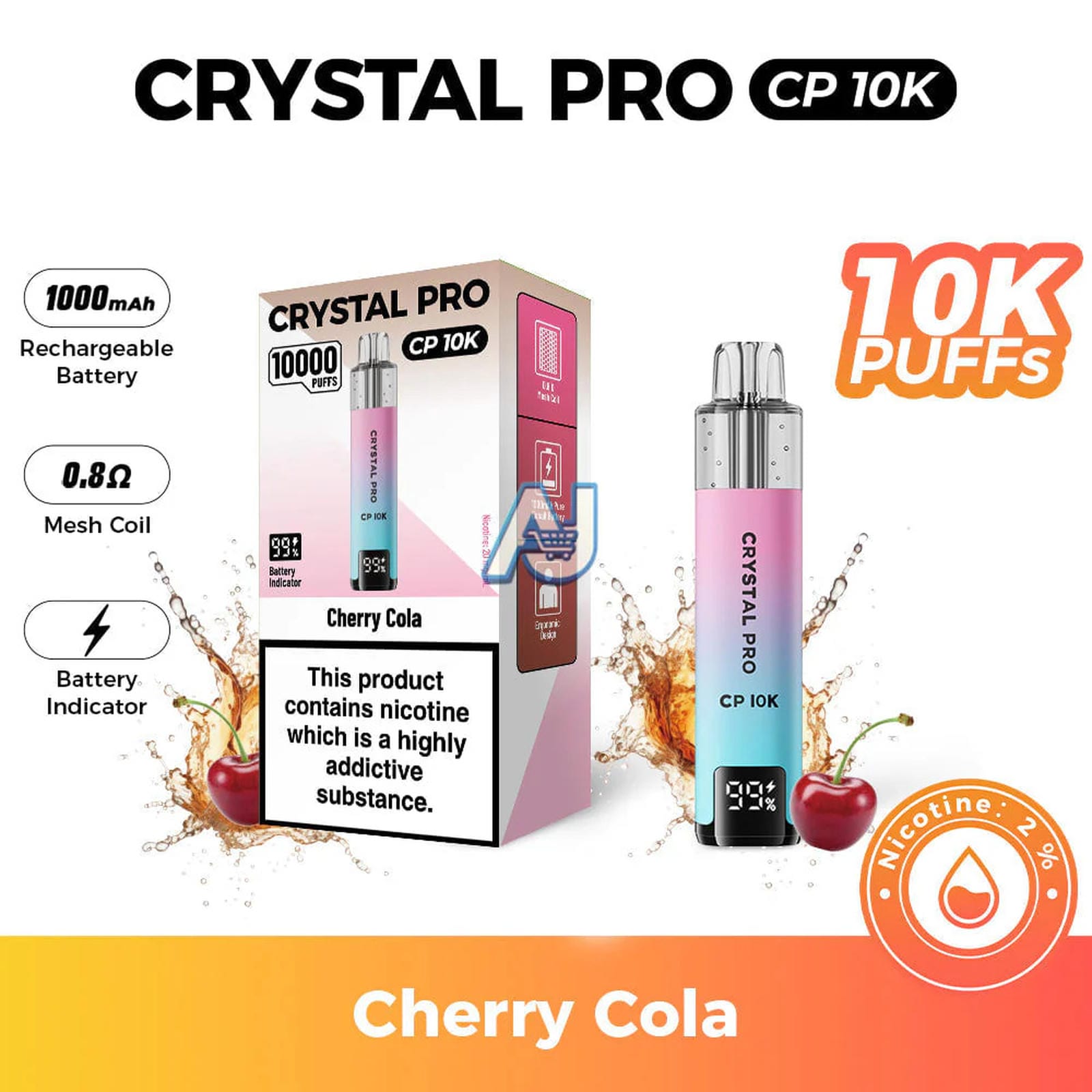 Crystal Pro CP 10K Puffs, Cherry Cola Flavor