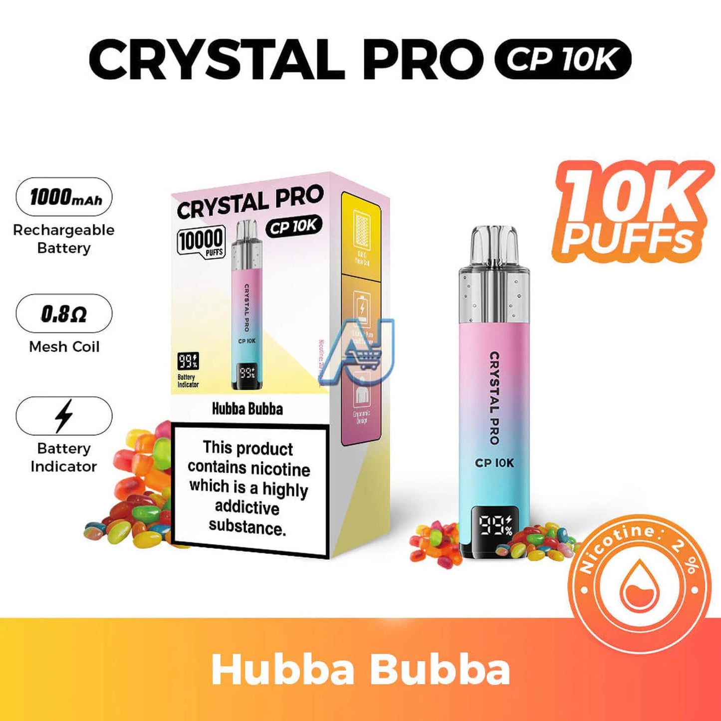 Crystal Pro CP 10K Puffs, Hubba Bubba Flavor