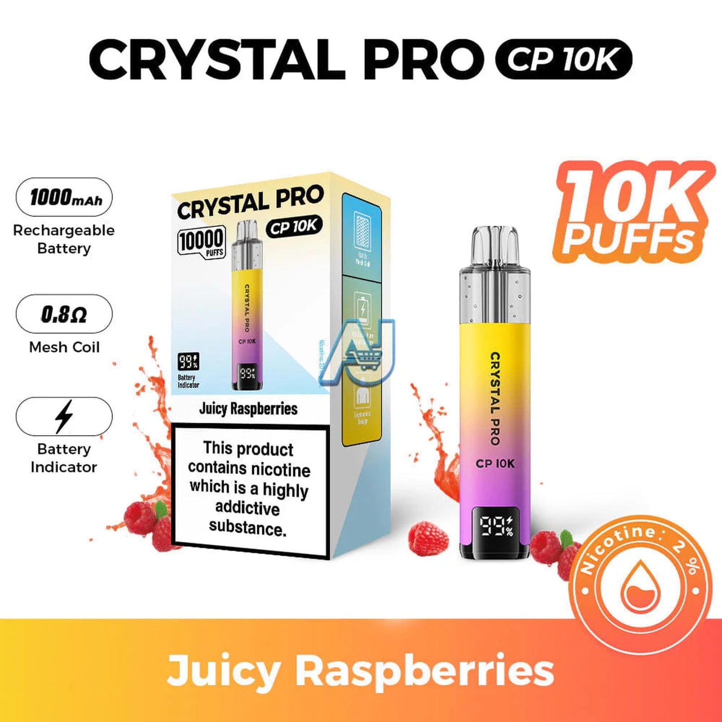 Crystal Pro CP 10K Puffs, Juicy Raspberries Flavor