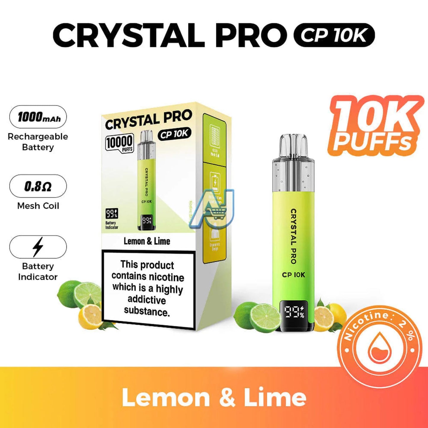 Crystal Pro CP 10K Puffs, Lemon Lime Flavor