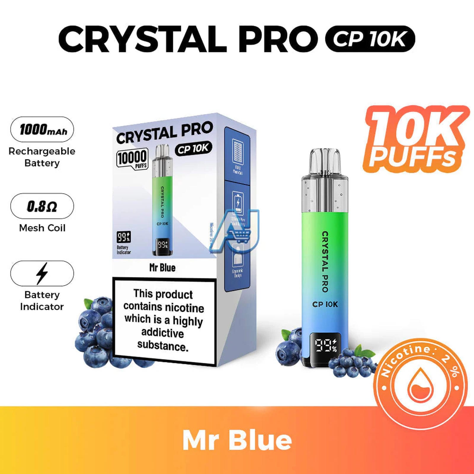 Crystal Pro CP 10K Puffs, Mr Blue Flavor