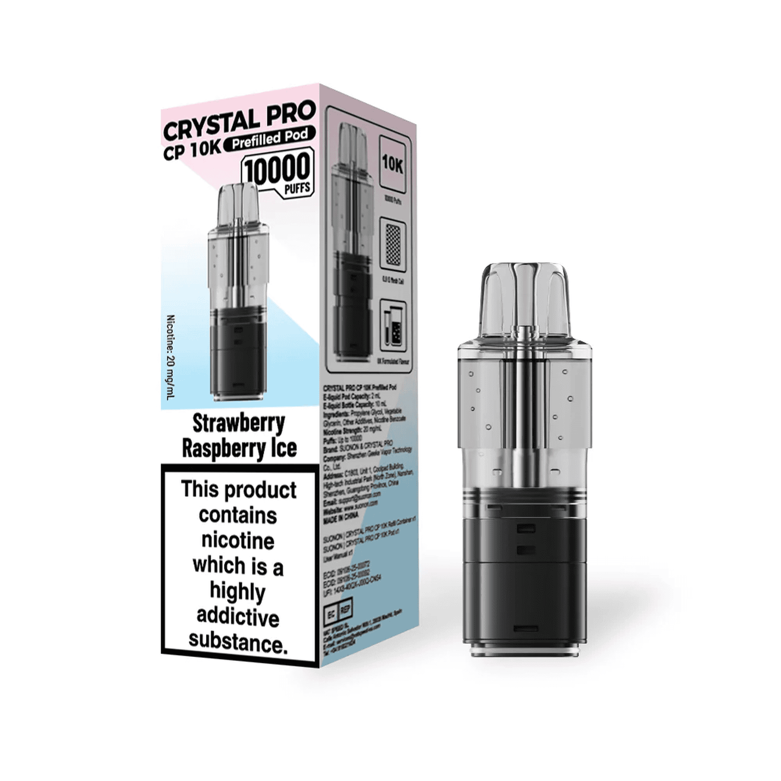 Crystal Pro CP 10k Replacement Pods Box of 5, Strawberry Raspberry Ice Flavour