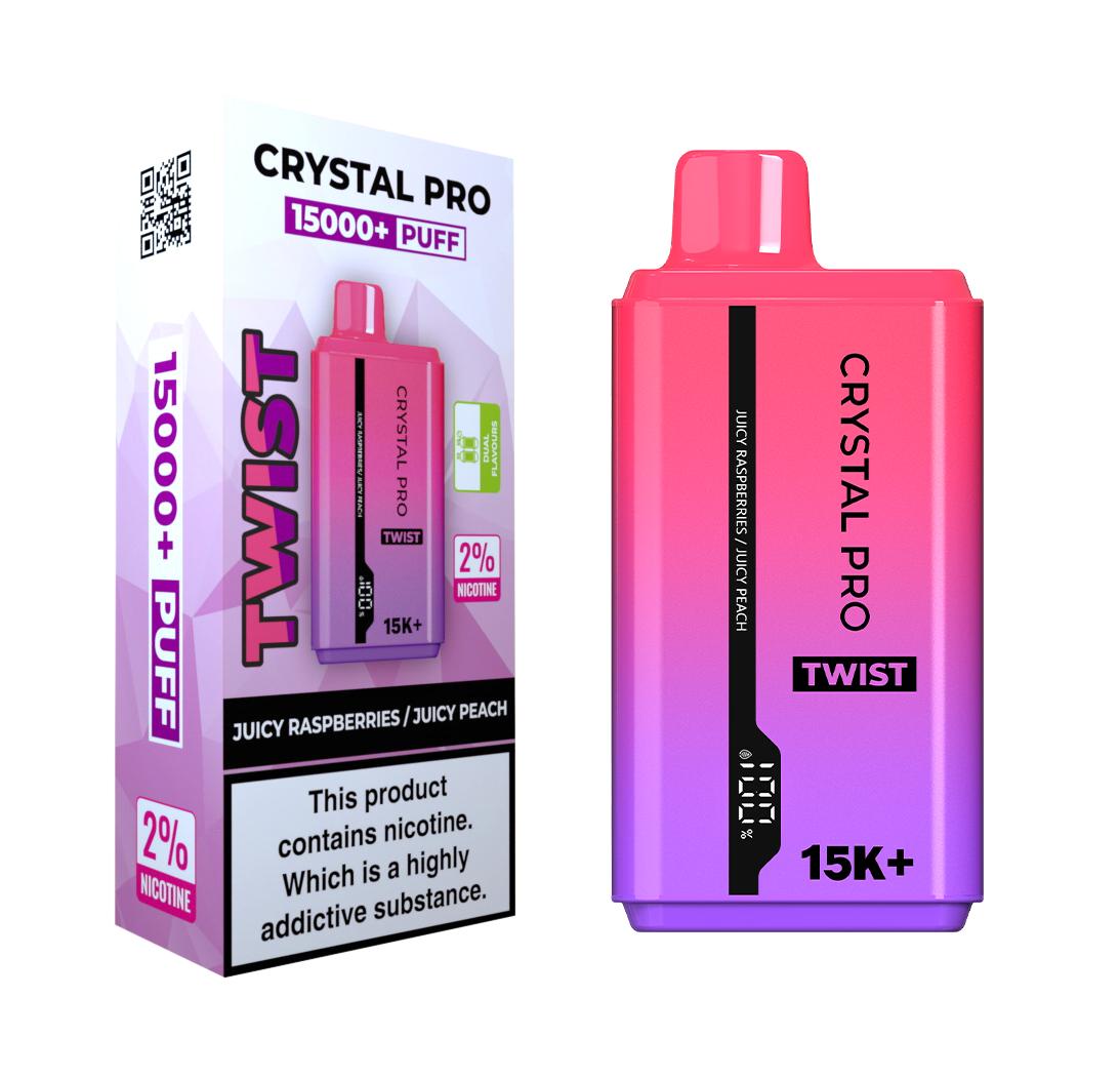 Crystal Pro Twist 15000 Puffs Prefilled Vape Kit Box of 5, Juicy Raspberries, Juicy Peach Flavour