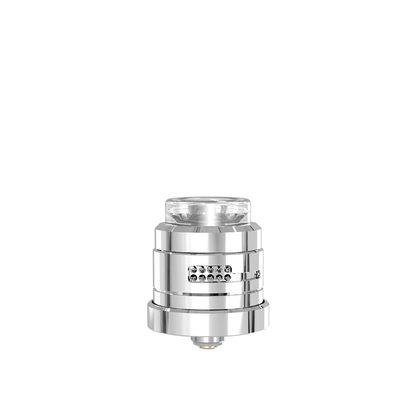 Damn Vape Nitrous RDA, silver, dual cap, sleek design.