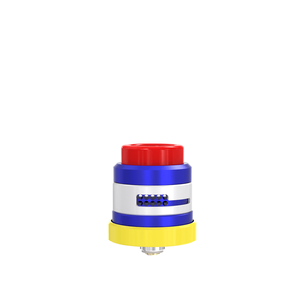 Damn Vape Nitrous RDA Dual Cap Edition in vibrant red, blue, and yellow.