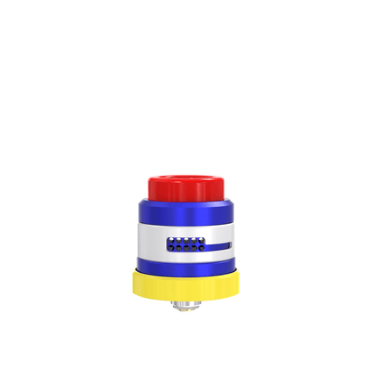 Damn Vape Nitrous RDA Dual Cap Edition in vibrant red, blue, and yellow.