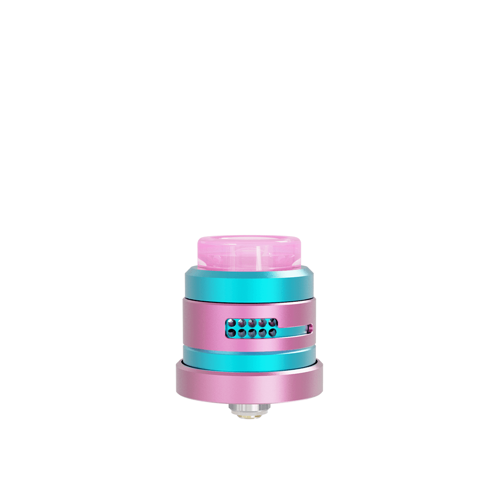 Damn Vape Nitrous RDA Dual Cap Edition in pink and teal, displayed on a white background.