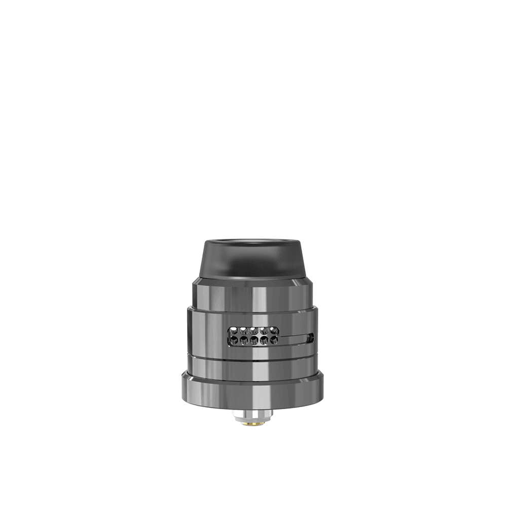 Sleek, metallic vape RDA with adjustable airflow and black cap.