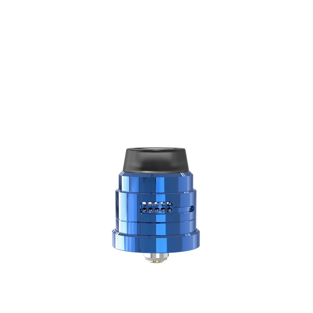 Blue Damn Vape Nitrous RDA with dual cap, front view, on a white background.