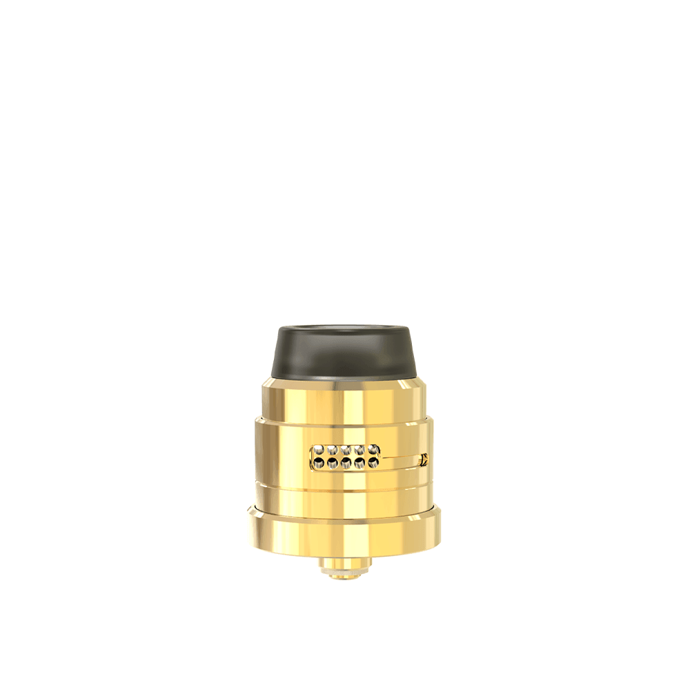 Gold Damn Vape Nitrous RDA Dual Cap Edition against a white background.