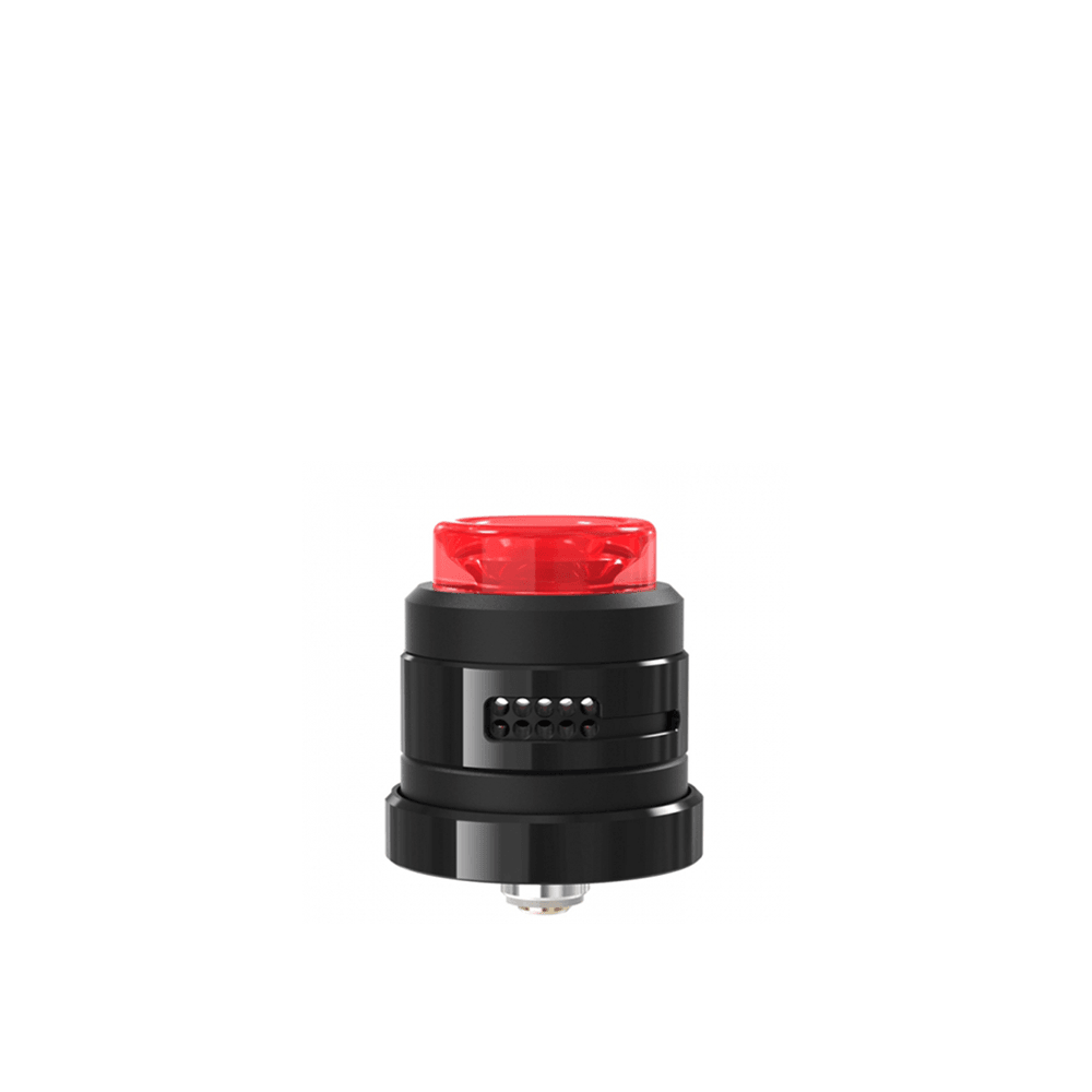 Black vape tank with a red top cap and adjustable airflow.