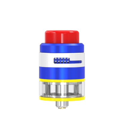 Colourful Damn Vape Nitrous RDTA with red, blue, and yellow accents on a white background.
