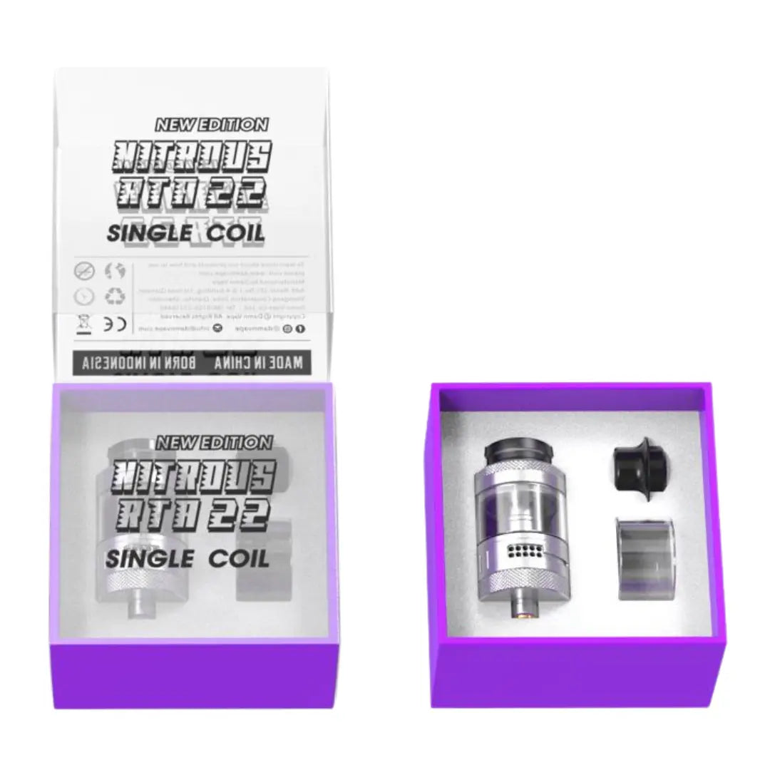 Nitrous RTA 22mm New Edition kit in purple packaging, showing tank, spare glass, and drip tip inside the box.