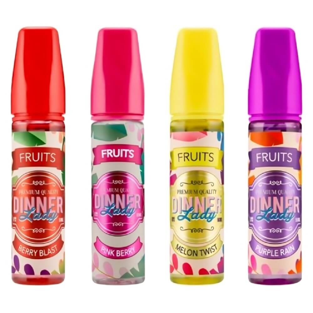 Dinner Lady Fruits 50ml Shortfill E Liquid Vape Juice, Berry Blast, Pink Berry, Melon Twist, Purple Rain Flavour 