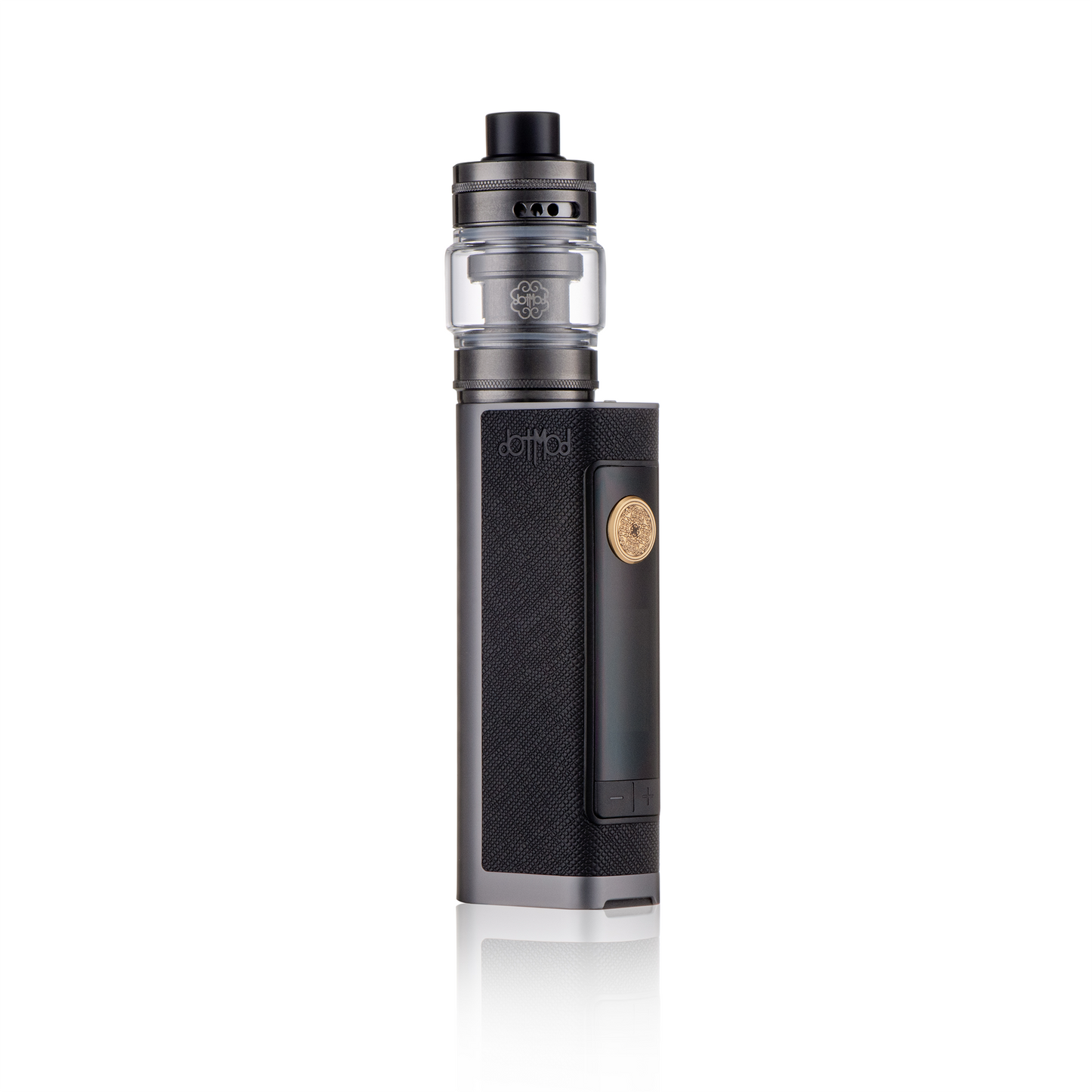 Dotmod Dotbox 100W vape kit in black with a sleek design and gold button.