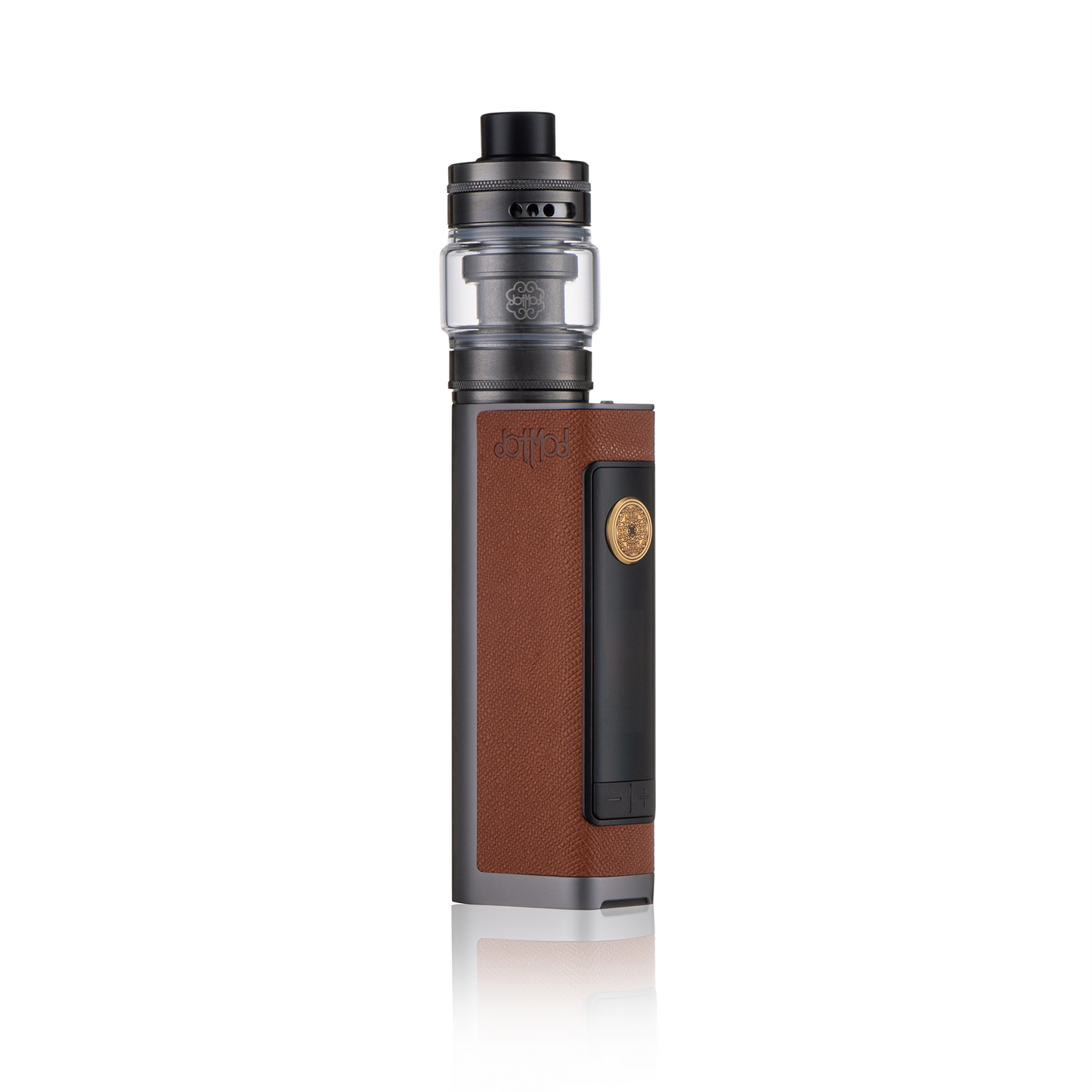 Dotmod Dotbox 100W vape kit in brown with gold accents and clear tank.