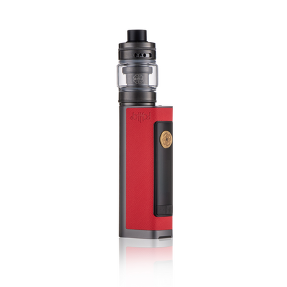 Red Dotmod Dotbox 100W vape kit with gold logo and black tank, standing upright.