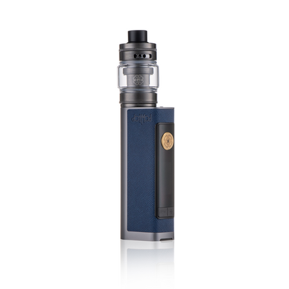 Dotmod DotBox 100W vape kit in royal blue with a clear tank and gold button.