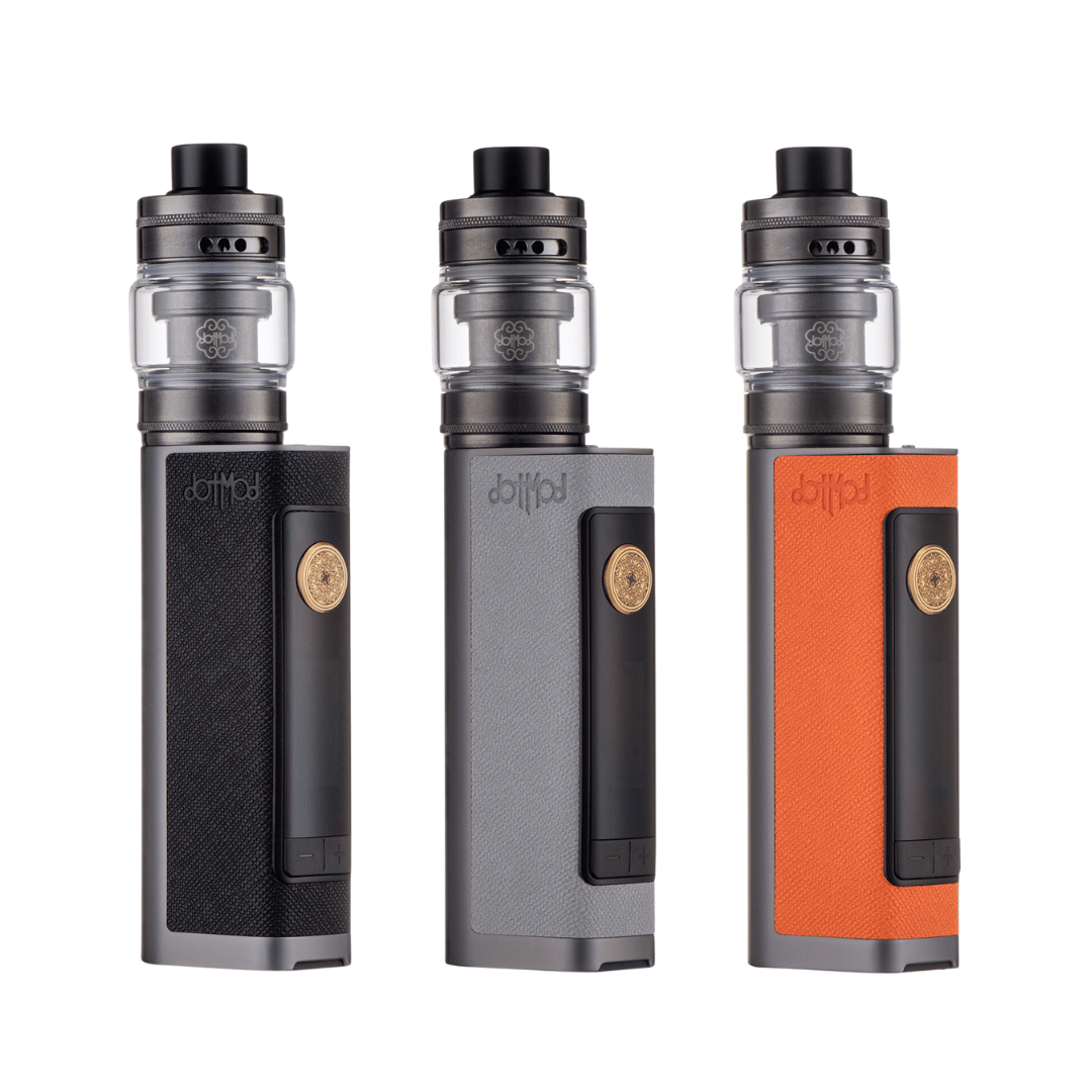 Three Dotmod Dotbox 100W vape kits in black, grey, and orange.