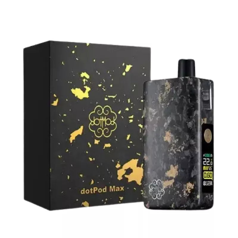 Black and gold vape device with 'dotPod Max' packaging on a white background in gold carbon fibre finish.