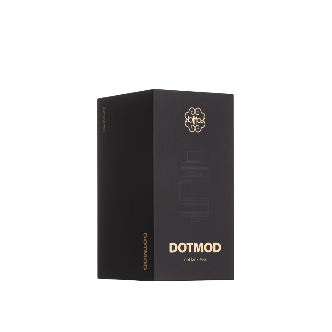 Dotmod dotTank Max packaging, black box with gold logo and text.