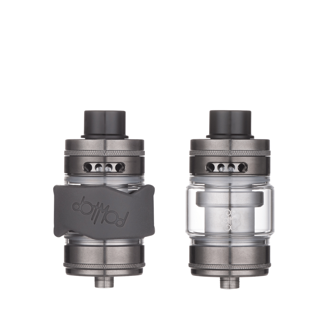 Dotmod DotTank Max Sub-Ohm Tank, sleek design, silver finish, dual coil setup.