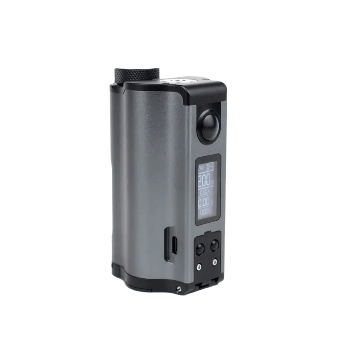 Dovpo Topside Dual Squonk Mod in gunmetal with display and buttons visible.