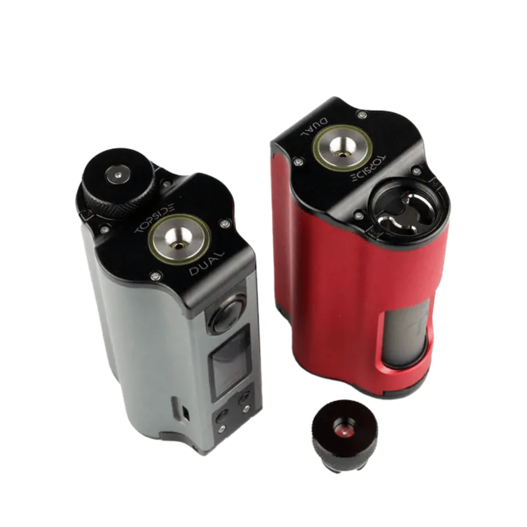 Dovpo Topside Dual Squonk Mod in grey and red, with a removable cap displayed.