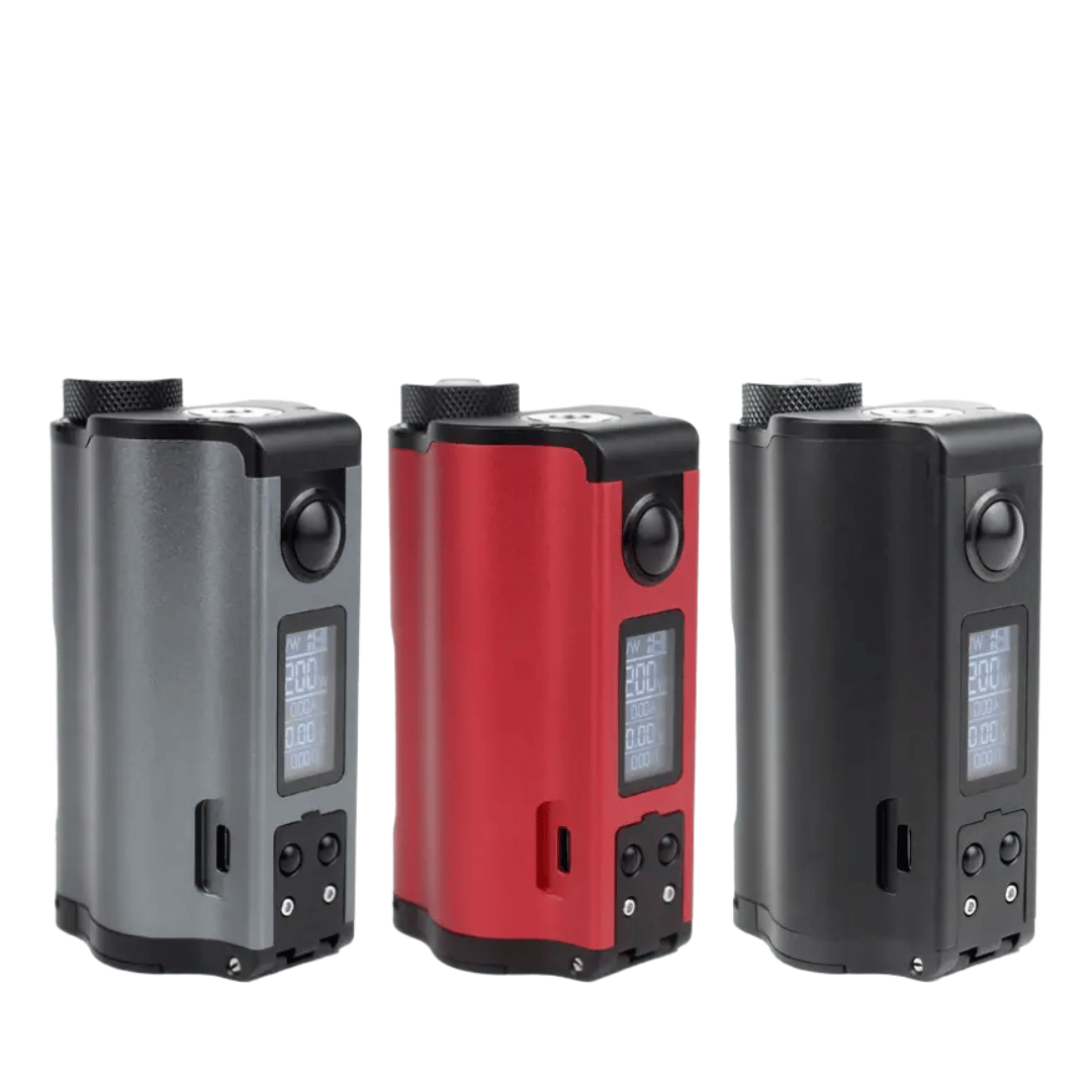 Three Dovpo Topside Dual Squonk Mods in grey, red, and black with digital displays.