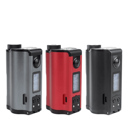 Three Dovpo Topside Dual Squonk Mods in grey, red, and black with digital displays.