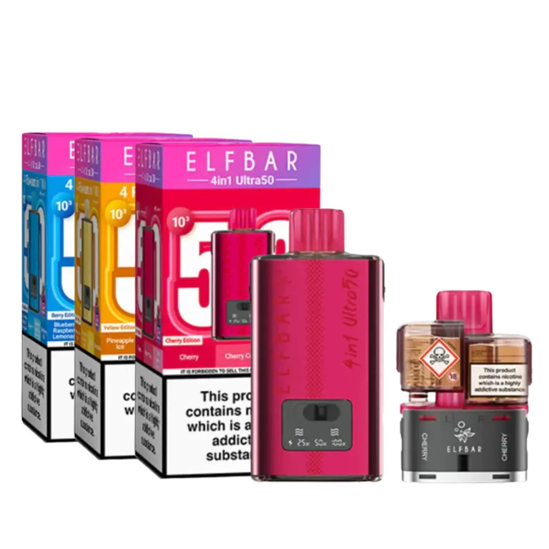 Elf Bar 4 in 1 Ultra 50 Vape Kit with Refill Displayed in front of 3 Flavour Boxes