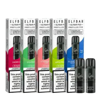 Elf Bar 600 Prefilled Pods Box of 10, Cherry Ice Spearmint Strawberry Ice Apple Pear Bluebery Raspberry Flavour 