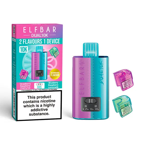 Elf Bar Dual 10K Disposable Kit with dual flavour options Strawberry Raspberry Cherry Ice and Blueberry Raspberry Lemonade