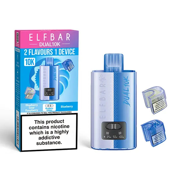 Elf Bar Dual 10K Disposable Kit with dual flavour options Blueberry Sour Raspberry and Blueberry pods